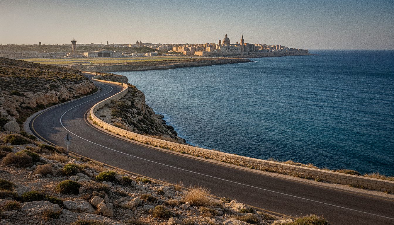 Strada costiera di Malta con vista sul mare tra l'aeroporto e Valletta