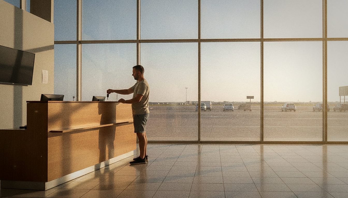 Cliente che riconsegna le chiavi dell'auto a noleggio al banco dell'aeroporto di Malta