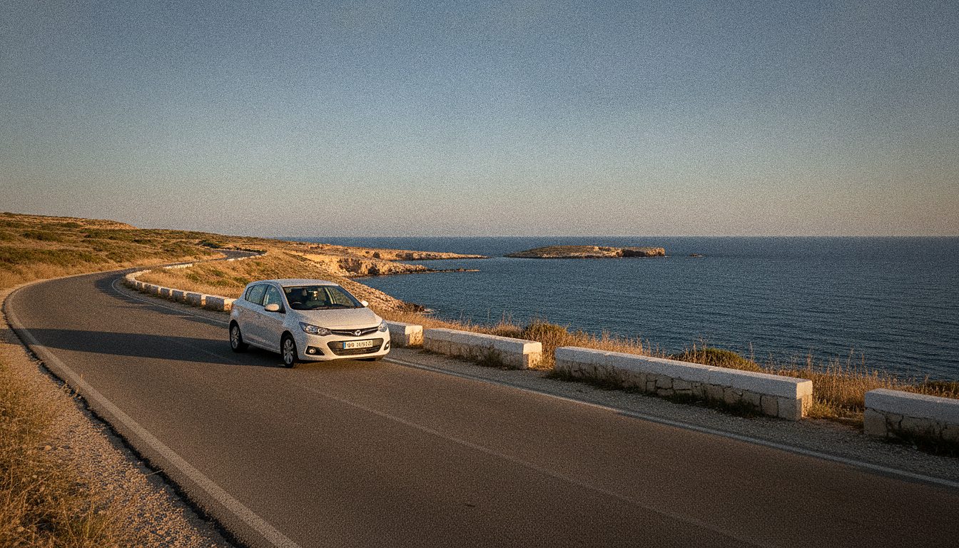 Auto a noleggio parcheggiata su una strada costiera a Malta con il mare sullo sfondo