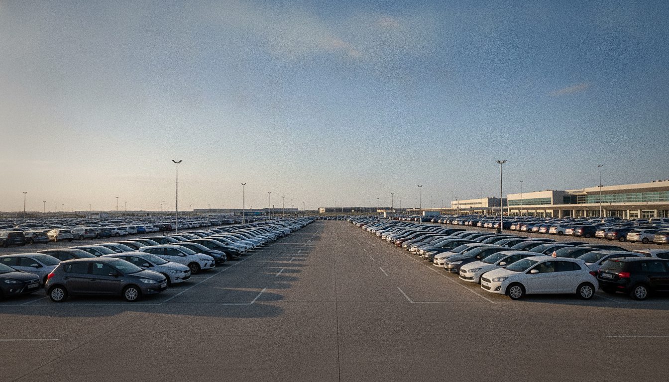 Fila di auto a noleggio di diverse agenzie parcheggiate vicino all'aeroporto di Malta