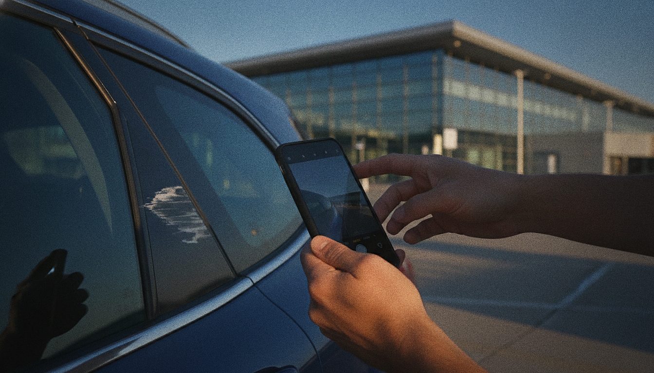 Persona che fotografa con lo smartphone un graffio sulla carrozzeria di un'auto a noleggio