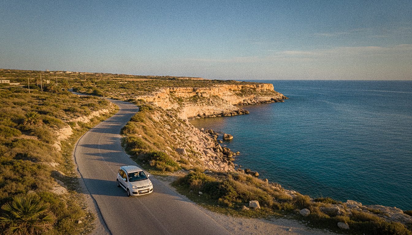 Strada costiera di Malta percorsa da una piccola utilitaria a noleggio