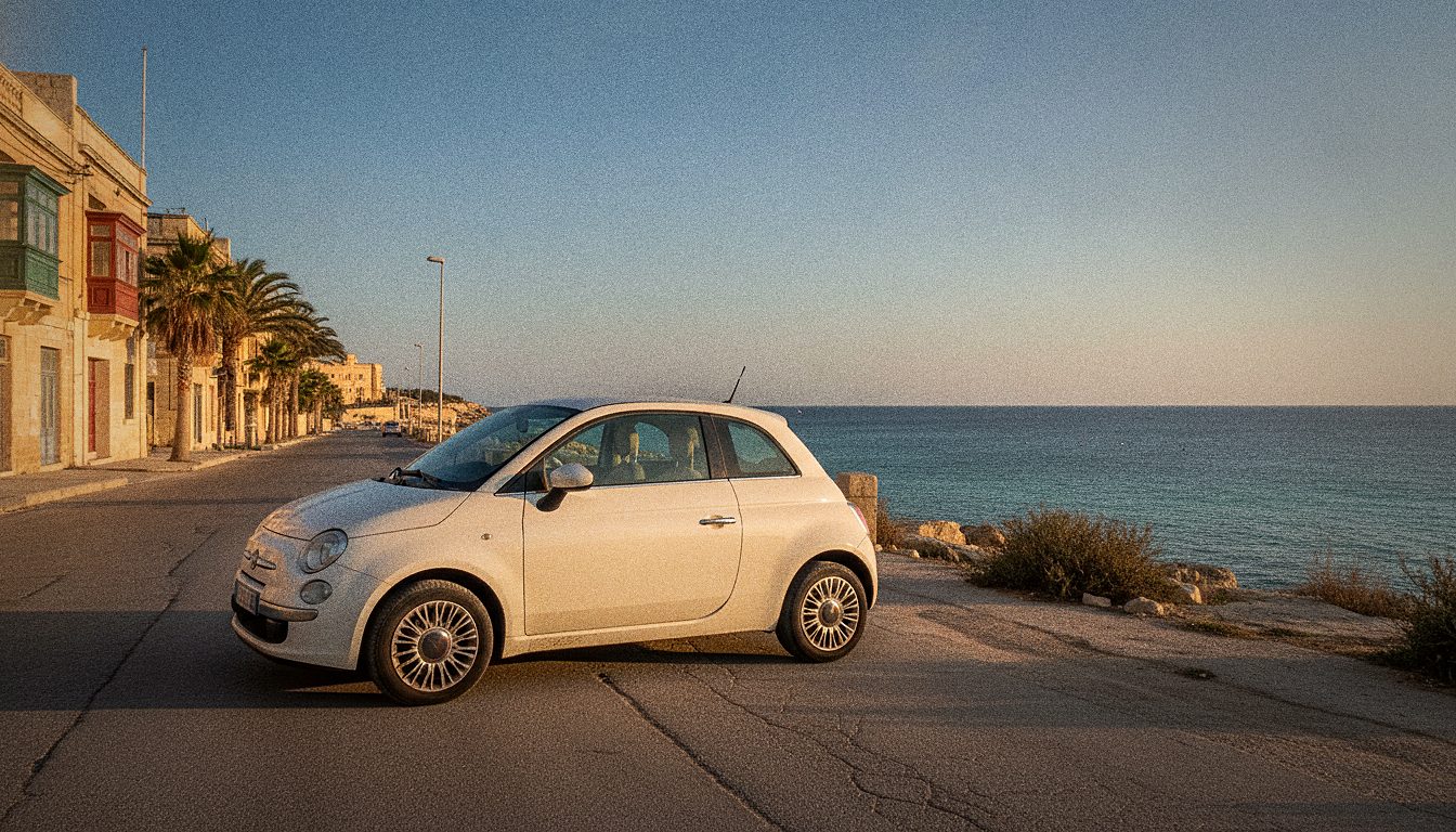 Piccola auto a noleggio economica parcheggiata su una strada di Malta vicino al mare