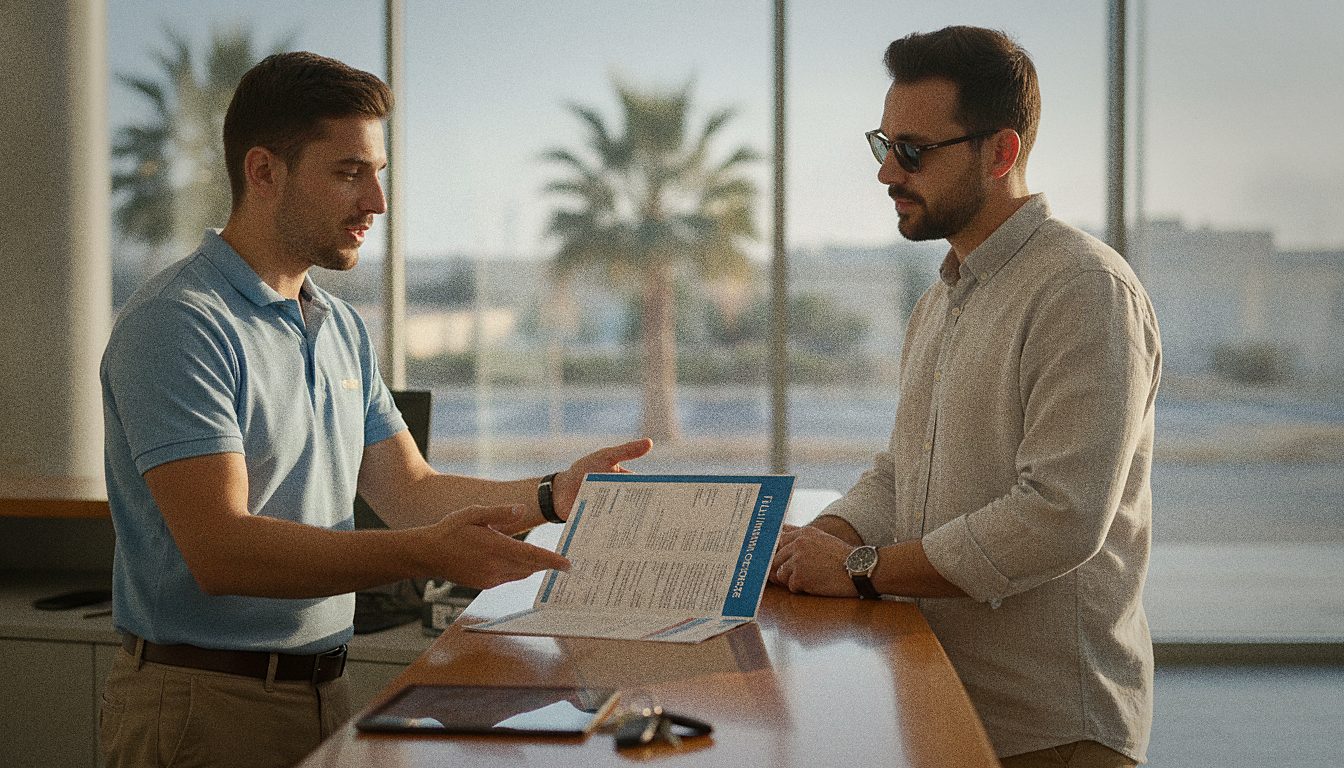 Agente che illustra la copertura assicurativa kasko a un cliente presso un desk noleggio a Malta