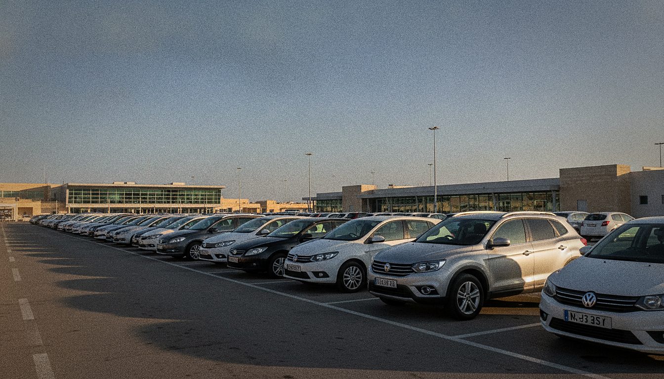 Fila di auto a noleggio di diverse categorie parcheggiate all'aeroporto di Malta