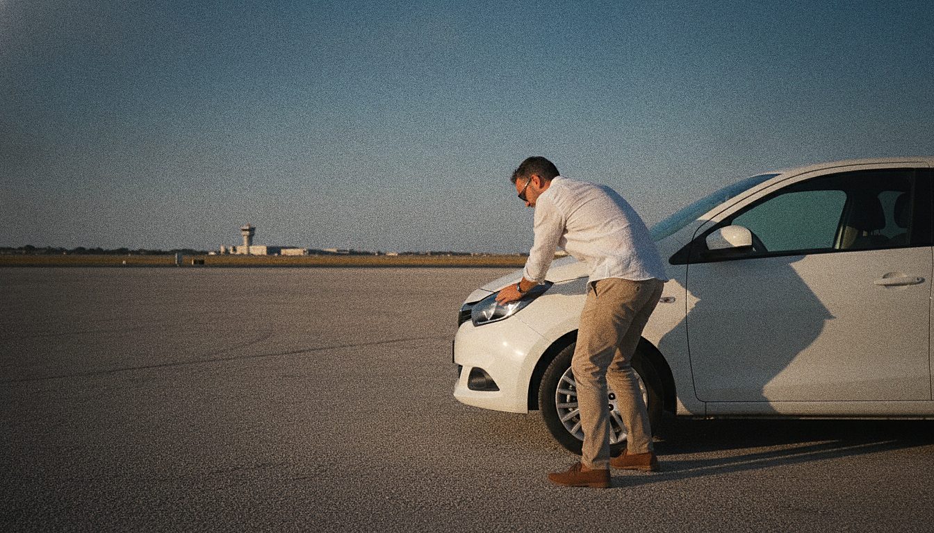 Turista controlla la carrozzeria dell'auto a noleggio prima della partenza dall'Aeroporto Internazionale di Malta