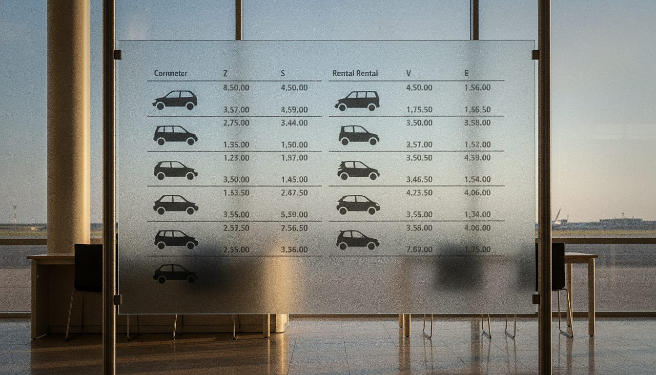 Listino prezzi di noleggio auto esposto a un desk dell'aeroporto di Malta
