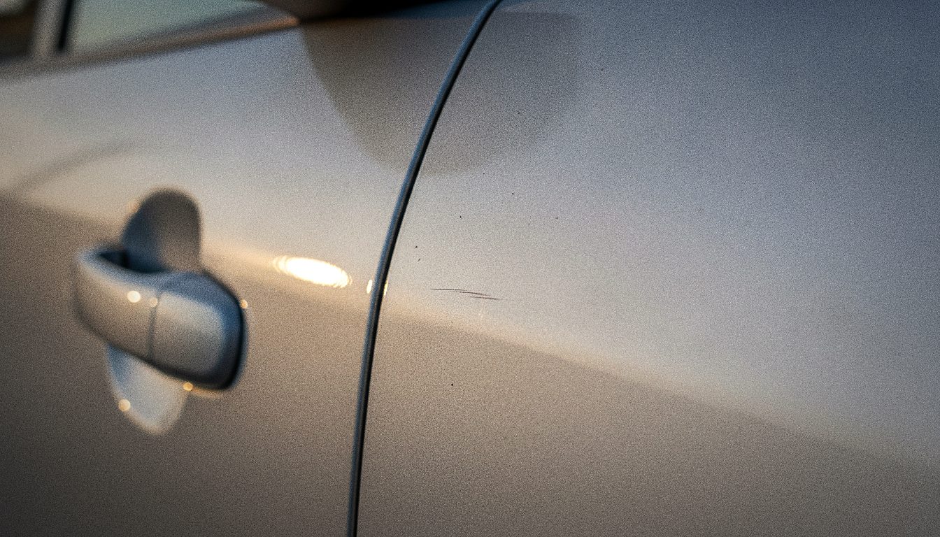 Vista ravvicinata di un piccolo graffio sulla portiera di un'auto a noleggio