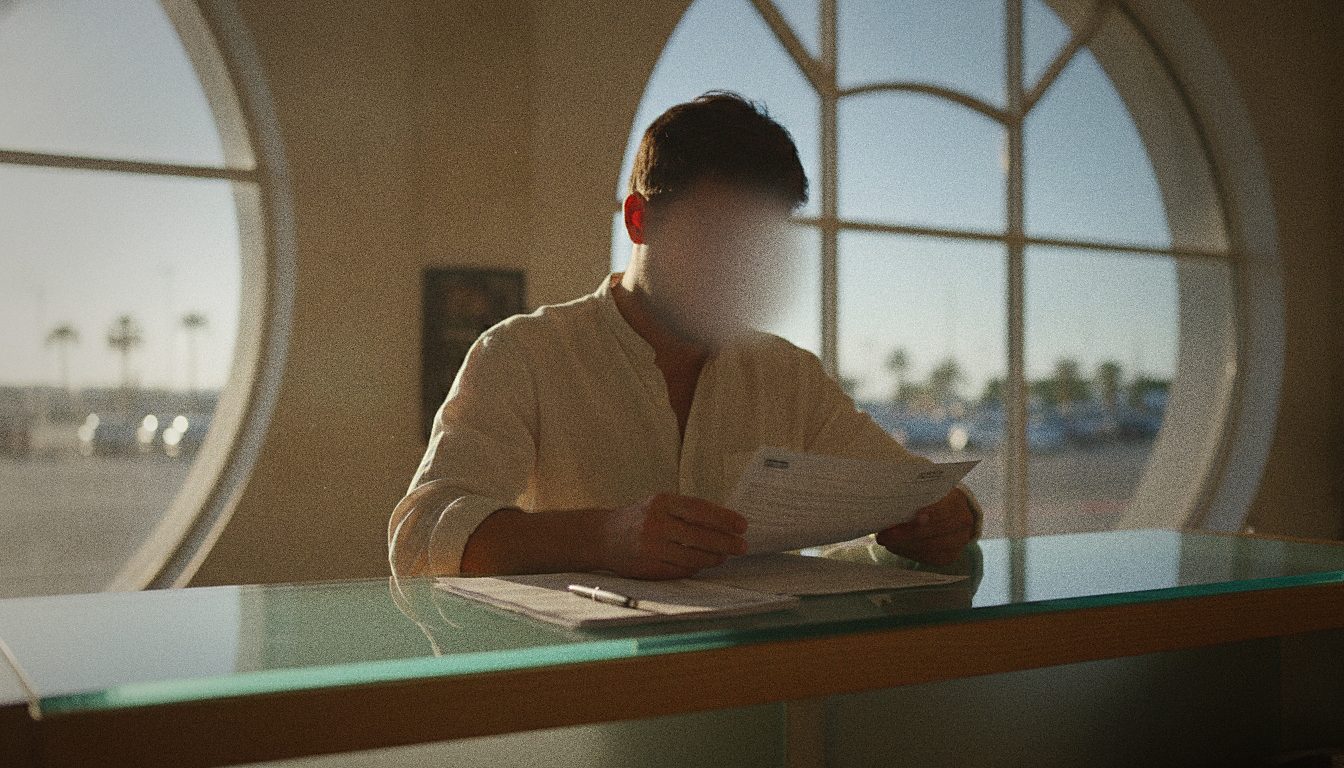 Persona che legge il contratto di noleggio al banco prima di ritirare l'auto